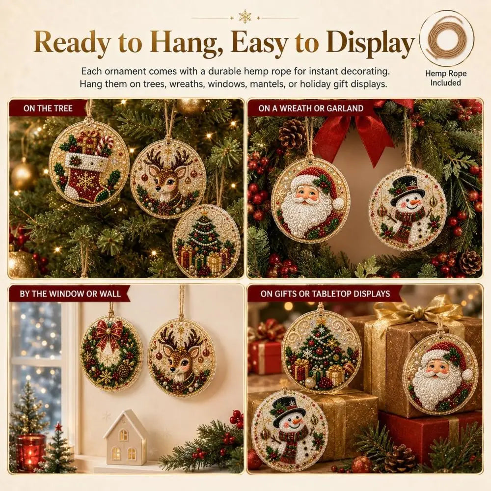 DIY Christmas Diamond Art Ornament Kit – 8Pcs Sparkling Holiday Tree Pendant Decorations Set (GL-012-ORNAMENT)