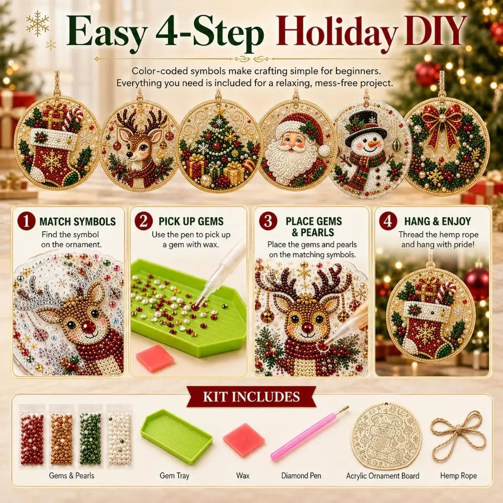 DIY Christmas Diamond Art Ornament Kit – 8Pcs Sparkling Holiday Tree Pendant Decorations Set (GL-012-ORNAMENT)