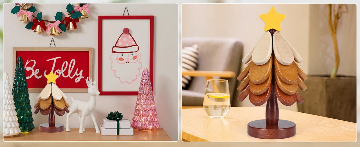 Aesthetic Wooden Christmas Tree Coaster Set (GL-001-TREE)