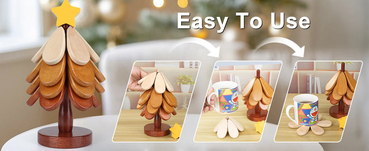 Aesthetic Wooden Christmas Tree Coaster Set (GL-001-TREE)