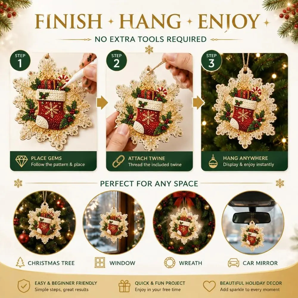 DIY Christmas Diamond Art Ornament Kit – 8Pcs Sparkling Holiday Tree Pendant Decorations Set (GL-012-ORNAMENT)